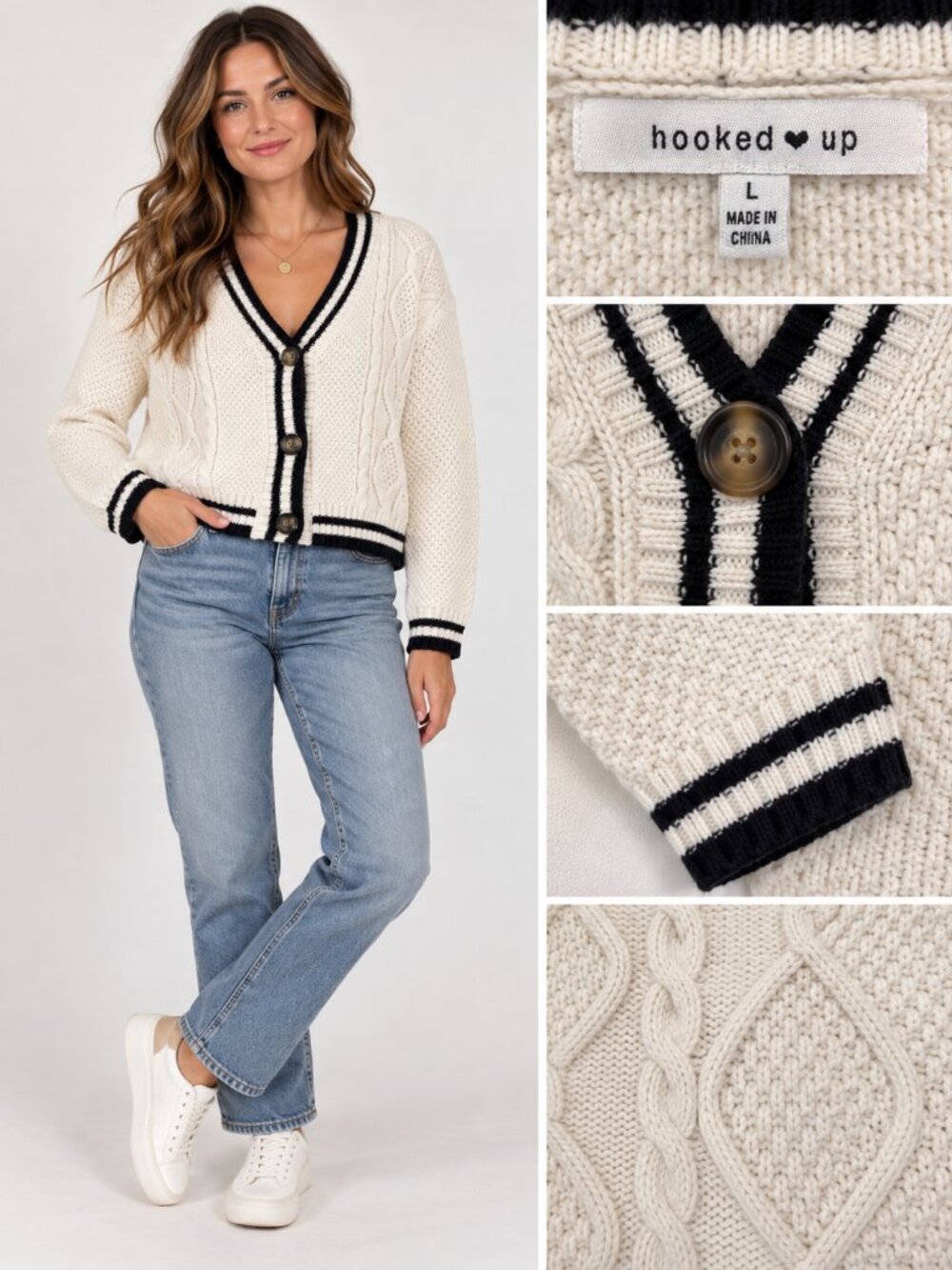 Hooked Up by IOT Cable Knit Cardigan Ivory Black Trim Size L